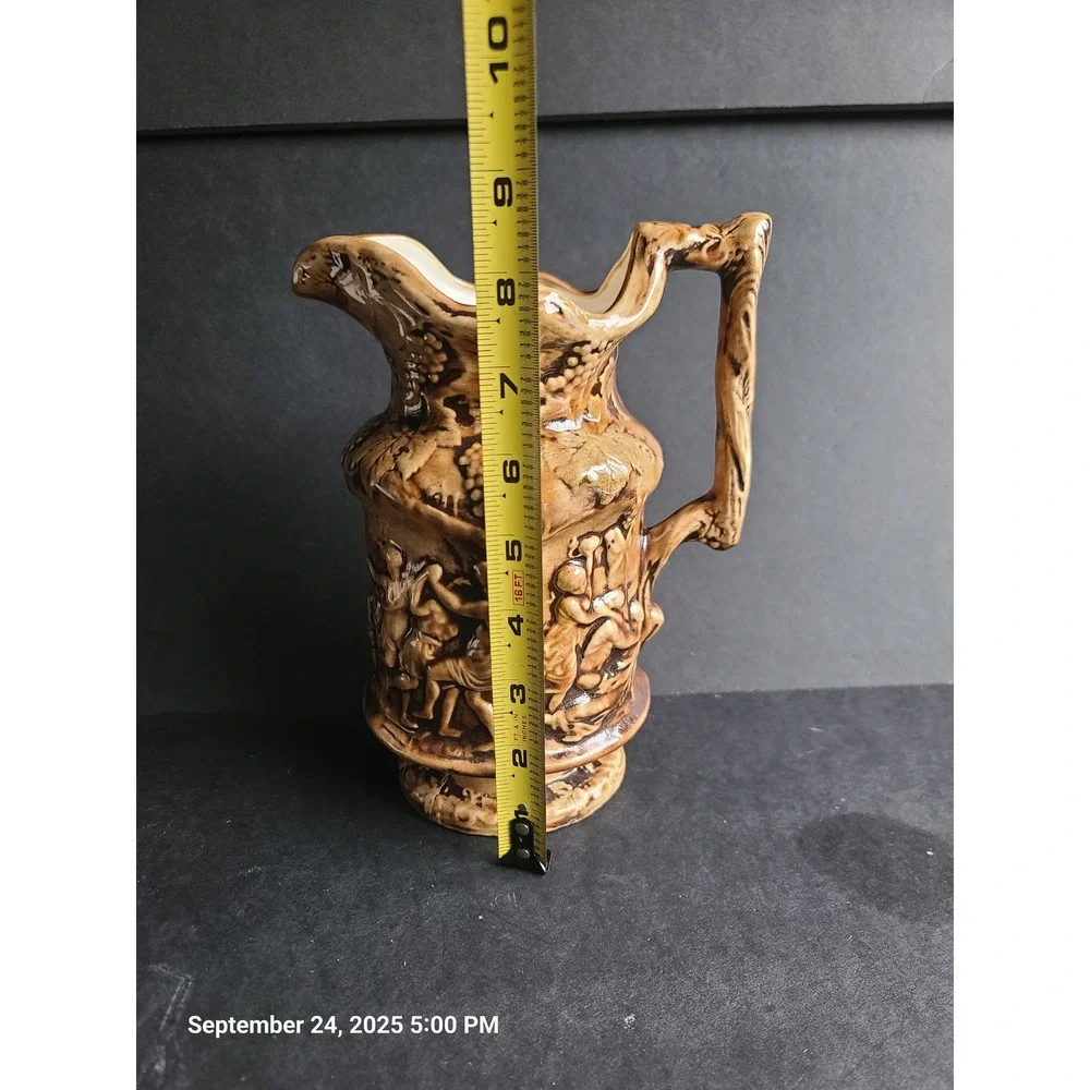 Vintage Ceramic Bacchus Relief Pitcher Figures Dancing‎ Scene Majolica Signed